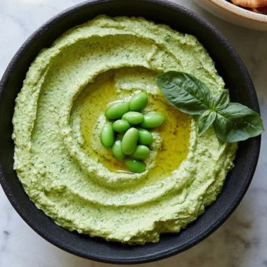 Cozy Edamame Hummus served in a bowl with fresh vegetables for dipping.