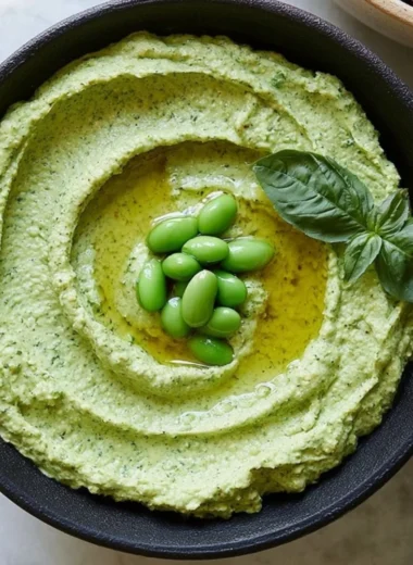 Cozy Edamame Hummus served in a bowl with fresh vegetables for dipping.