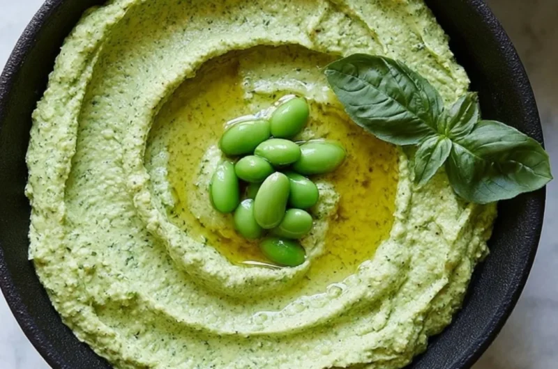 Cozy Edamame Hummus served in a bowl with fresh vegetables for dipping.