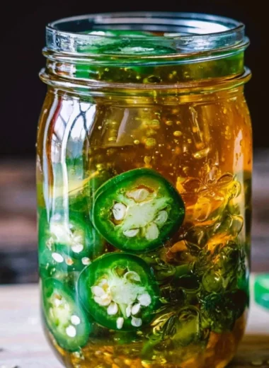 Jar of cozy fermented jalapeño honey with peppers and honeycomb