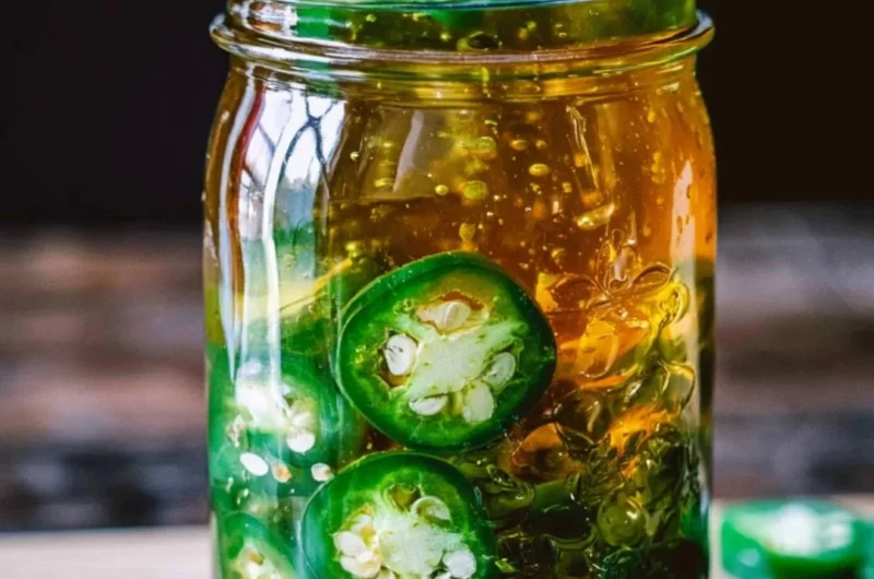 Jar of cozy fermented jalapeño honey with peppers and honeycomb