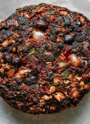 Delicious homemade cozy mushroom veggie burgers on a serving plate