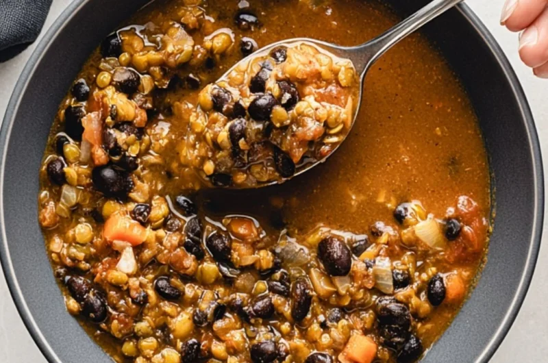 Bowl of protein-packed black bean and lentil soup topped with fresh herbs.