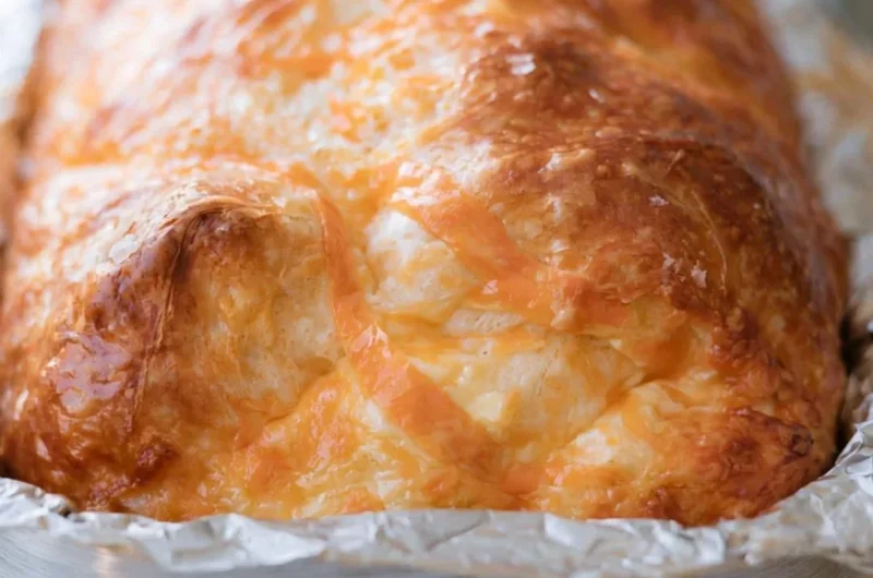 Freshly baked cozy sourdough cheese bread with melted cheese and crispy crust.