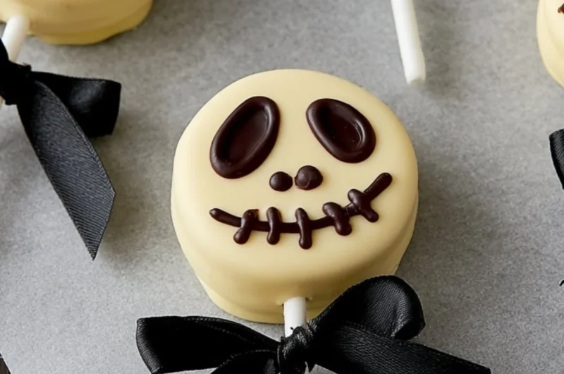 Cozy spooky skeleton Oreos decorated for Halloween festivities.