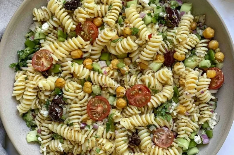 Cozy Vegan Greek Pasta Salad with fresh vegetables and herbs.