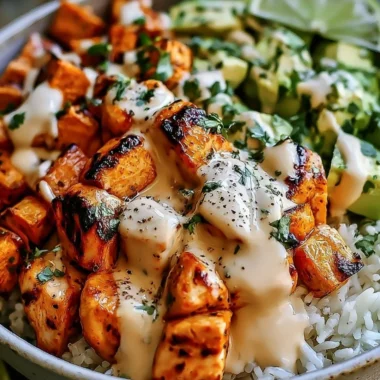 Bowl of easy coconut chicken with rice and vegetables, garnished for serving