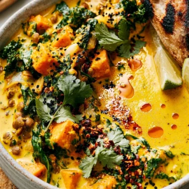 Bowl of gingered sweet potato stew with coconut milk and spices