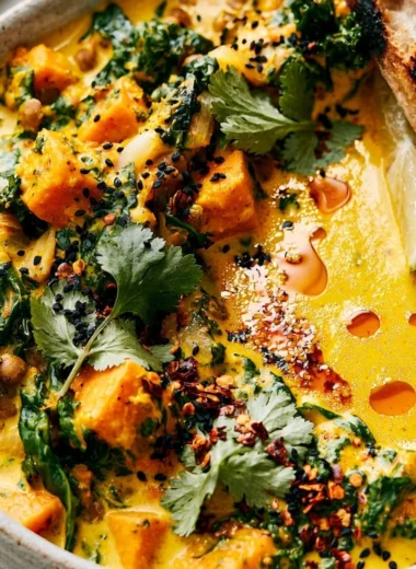 Bowl of gingered sweet potato stew with coconut milk and spices