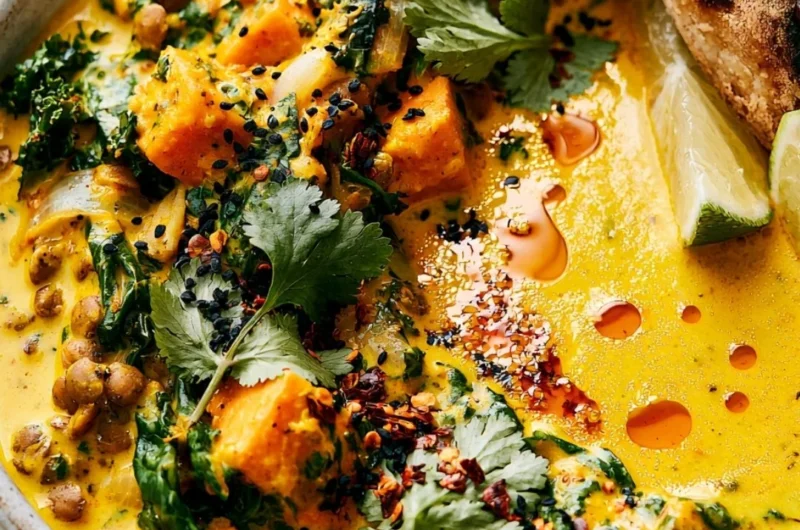 Bowl of gingered sweet potato stew with coconut milk and spices