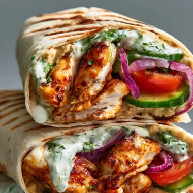 Healthy Greek chicken wraps with fresh vegetables and tzatziki sauce