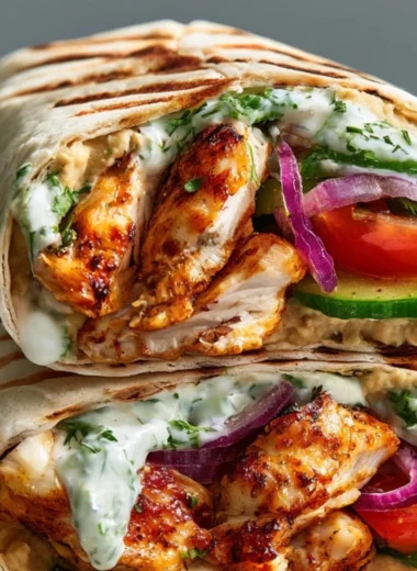 Healthy Greek chicken wraps with fresh vegetables and tzatziki sauce
