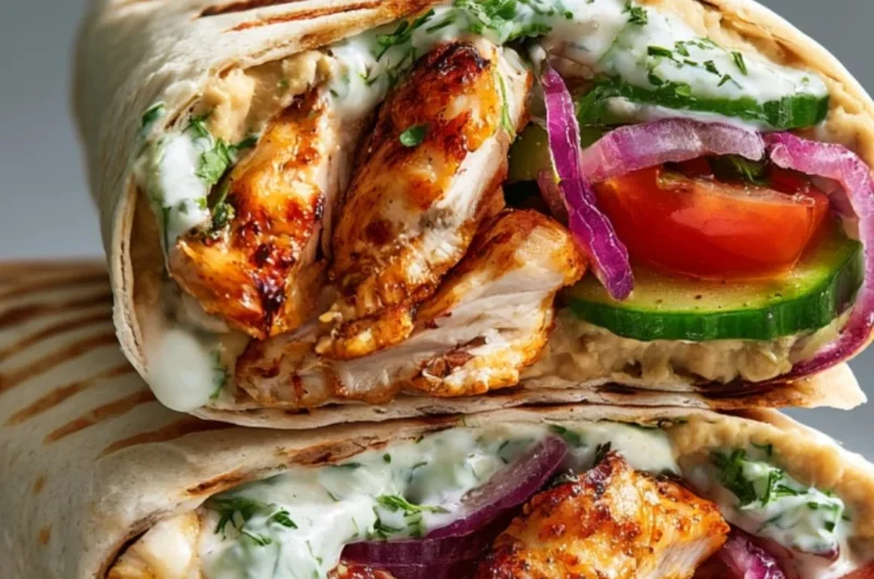 Healthy Greek chicken wraps with fresh vegetables and tzatziki sauce