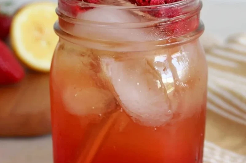 A refreshing glass of iced strawberry green tea with fresh strawberries