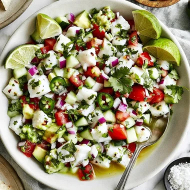 Delicious Mexican ceviche with fresh fish, tomatoes, onions, and lime