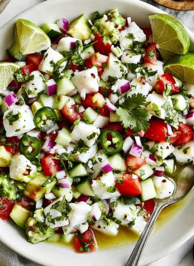 Delicious Mexican ceviche with fresh fish, tomatoes, onions, and lime