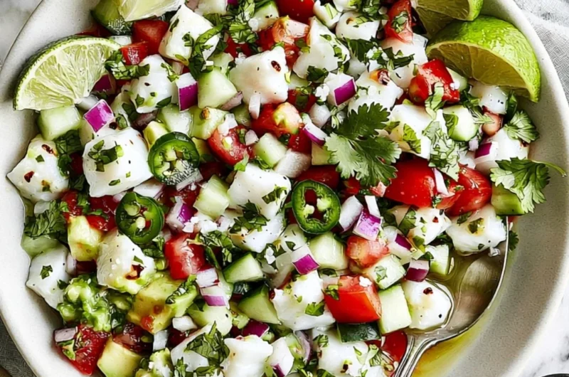 Delicious Mexican ceviche with fresh fish, tomatoes, onions, and lime