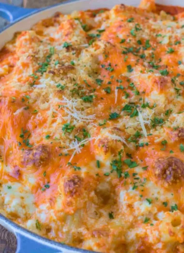 Delicious Olive Garden Five Cheese Baked Ziti topped with melted cheese