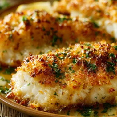 Delicious Parmesan Crusted Tilapia served with a lemon slice and fresh greens