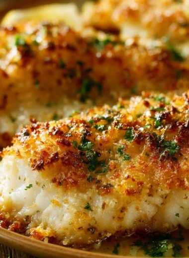 Delicious Parmesan Crusted Tilapia served with a lemon slice and fresh greens