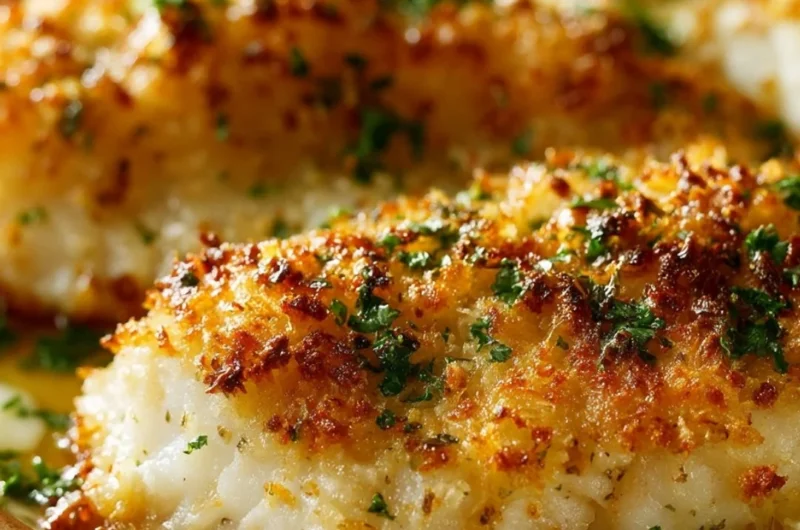 Delicious Parmesan Crusted Tilapia served with a lemon slice and fresh greens