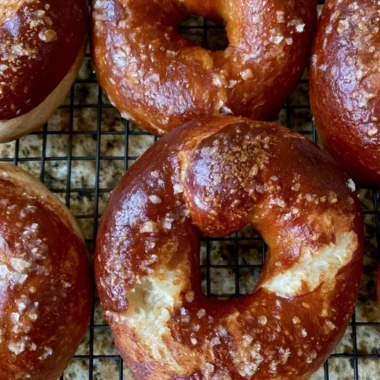 Delicious Pretzel Sourdough High-Protein Bagels with an appetizing golden crust