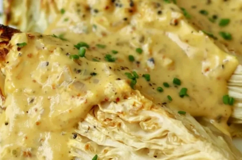 Roasted cabbage wedges drizzled with onion-Dijon sauce on a plate