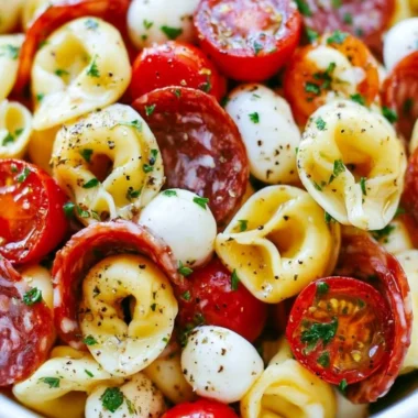 Roasted Red Pepper and Parmesan Tortellini Salad served in a bowl
