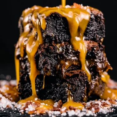 Delicious smoked brownies topped with chocolate drizzle on a wooden table