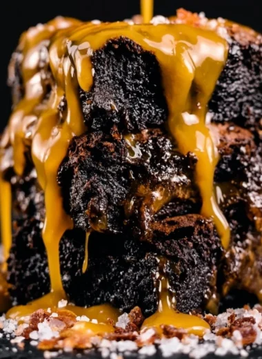 Delicious smoked brownies topped with chocolate drizzle on a wooden table