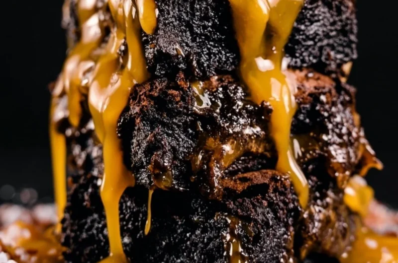 Delicious smoked brownies topped with chocolate drizzle on a wooden table
