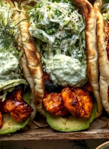 Sheet Pan Chicken Pitas served with Herby Ranch dressing on a plate