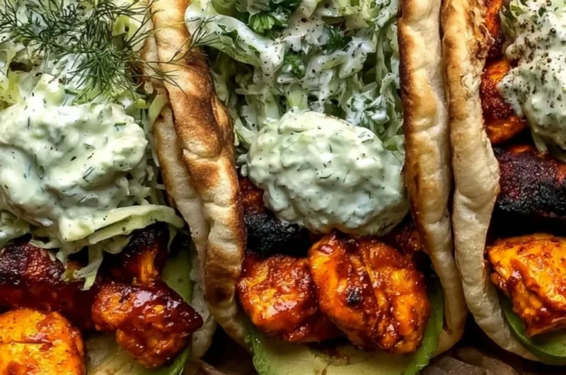 Sheet Pan Chicken Pitas served with Herby Ranch dressing on a plate