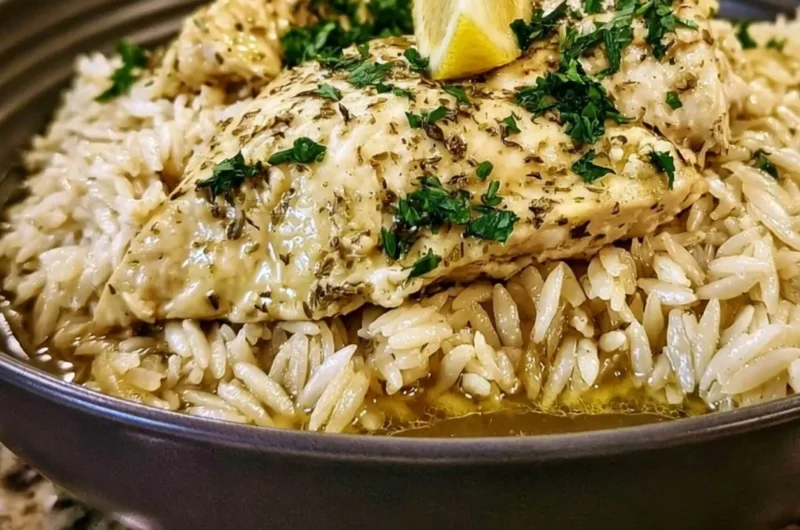 Plate of slow cooker lemon herb chicken and rice garnished with fresh herbs.