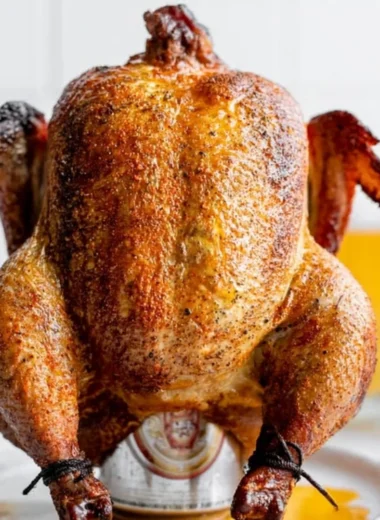 Delicious smoked beer can chicken on a grill with vibrant spices.