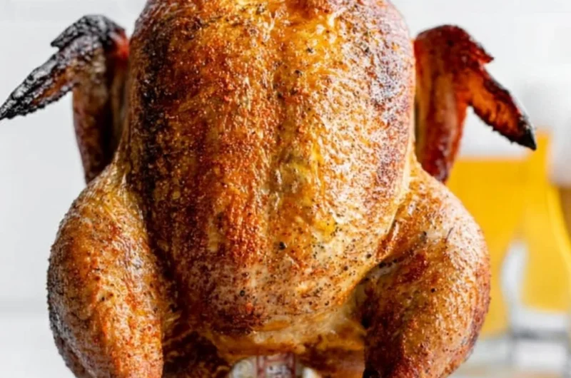 Delicious smoked beer can chicken on a grill with vibrant spices.