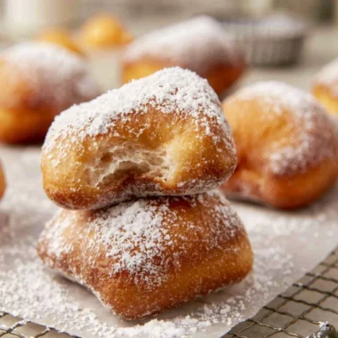 Freshly made sourdough beignets dusted with powdered sugar