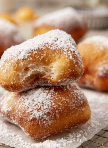Freshly made sourdough beignets dusted with powdered sugar