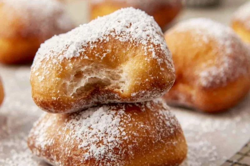 Freshly made sourdough beignets dusted with powdered sugar