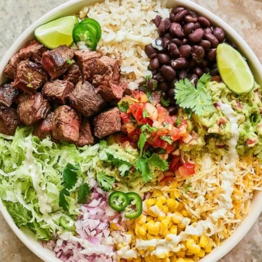 Homemade Steak Burrito Bowls resembling Chipotle recipes with fresh ingredients