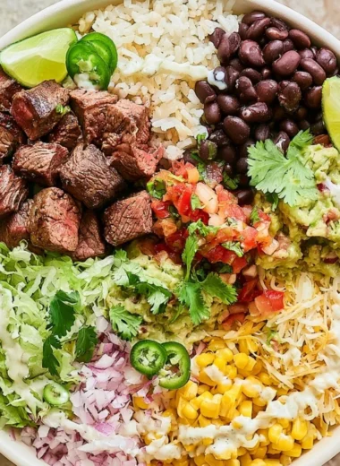 Homemade Steak Burrito Bowls resembling Chipotle recipes with fresh ingredients