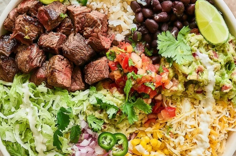 Homemade Steak Burrito Bowls resembling Chipotle recipes with fresh ingredients