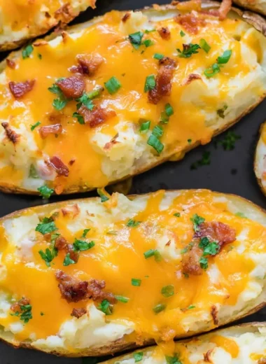 Delicious twice baked potatoes topped with cheese and chives