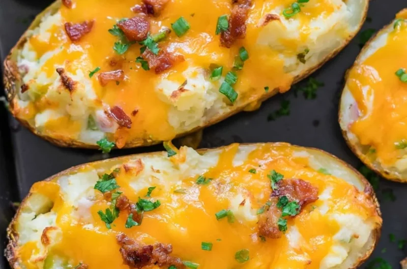 Delicious twice baked potatoes topped with cheese and chives