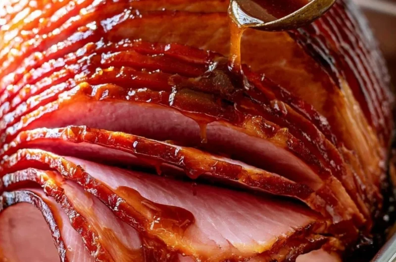 Delicious brown sugar ham glaze drizzled over a baked holiday ham.