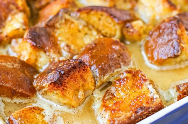 Delicious cozy bread pudding served warm with a drizzle of caramel sauce