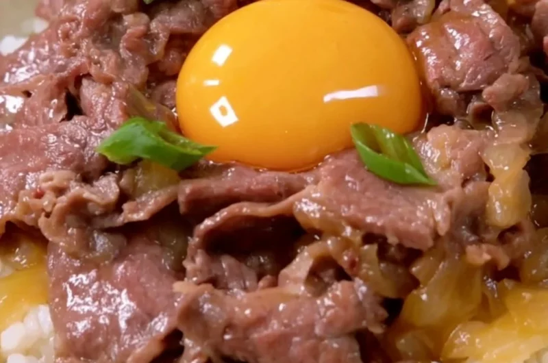 Cozy Gyudon Japanese beef bowl recipe with tender beef and rice.