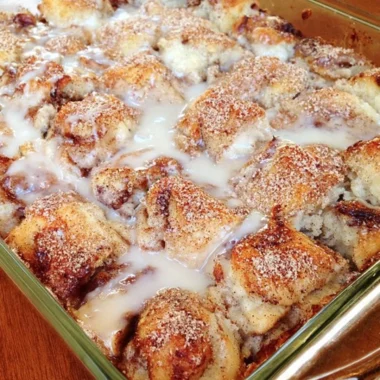 Delicious easy cinnamon roll casserole baked and served in a dish
