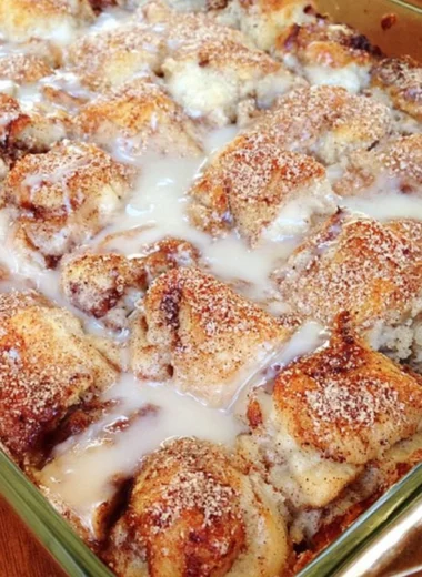 Delicious easy cinnamon roll casserole baked and served in a dish