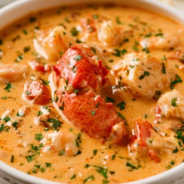 Delicious bowl of seafood bisque with shrimp and lobster garnished with herbs